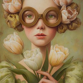 Surrealistisches Porträt mit Tulpen und runder Brille von But First Framing