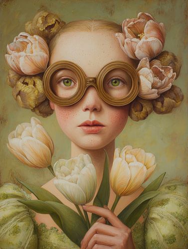 Portrait surréaliste avec des tulipes et des lunettes rondes