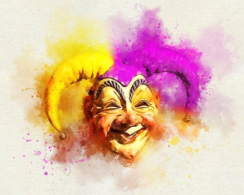 Court Jester Hat Carnival Mask in Colorful Watercolor