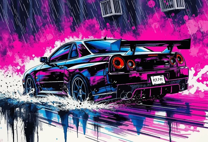 Nissan Skyline GT-R R34 – Storm in Ink Japanese Art by MIROKKU