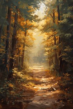 Golden light in the quiet forest path by Dante S