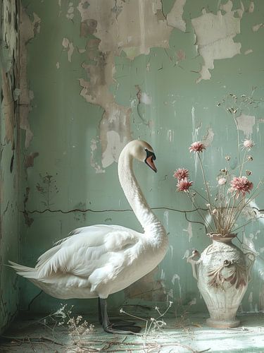 Nature morte au cygne et aux fleurs