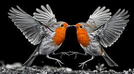 Theatrale Robin-vogels dansen – Print met wilde dieren – Symmetrische natuur in beweging