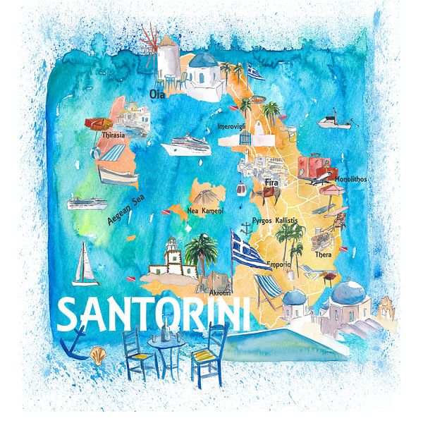Santorin Grèce Carte illustrée par Markus Bleichner