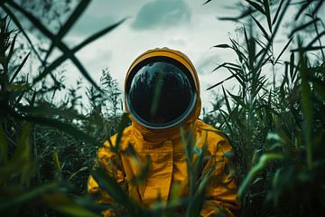 Astronaut in een geel jasje in een zee van grassen van Poster Art Shop