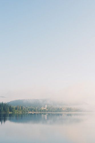 Foggy lake and town in the morning | travel photography in Germany | dark forest photo art print