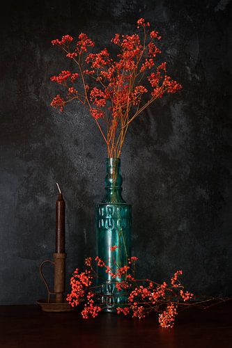 Orange gypsophila in blue bottle 2.