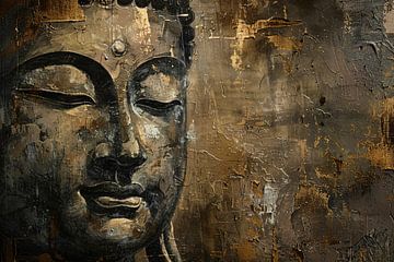 Boeddha portret met gouden en zwarte abstracte achtergrond van De Muurdecoratie