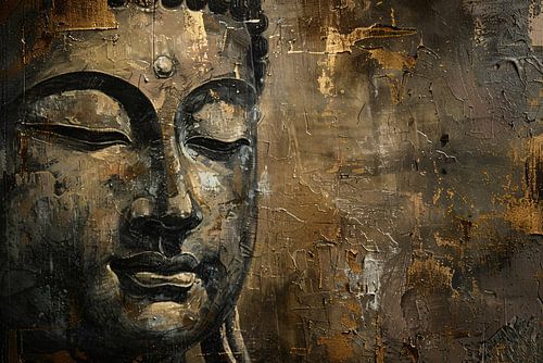 Boeddha portret met gouden en zwarte abstracte achtergrond