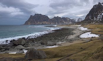 Beauty of Uttakleiv Beach in Lofoten During Winter's Gentle Touc