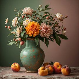A still life featuring an old, weathered green earthenware vase with dahlia flowers. by J.a Dijkstra