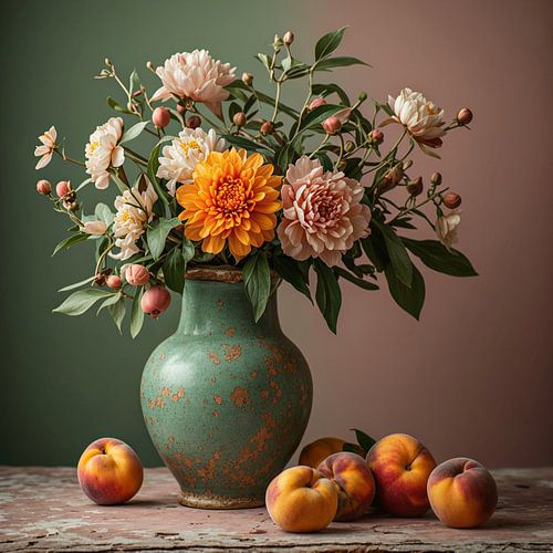 Een stilleven groene oude verweerde aardewerk vaas met bloemen.