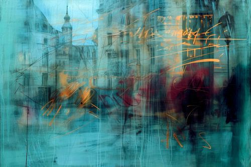 Abstract, schilderij, blauw en geel, graffiti