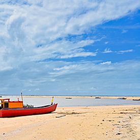 Red fishing boat on the beach by Gerda Beekers