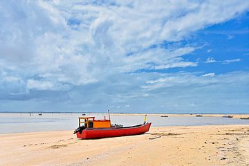 Rood vissersbootje op het strand van Gerda Beekers