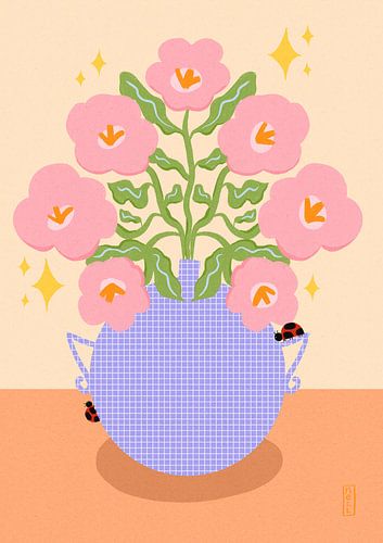 Roze Retro Bloemen in een Vaasillustratie