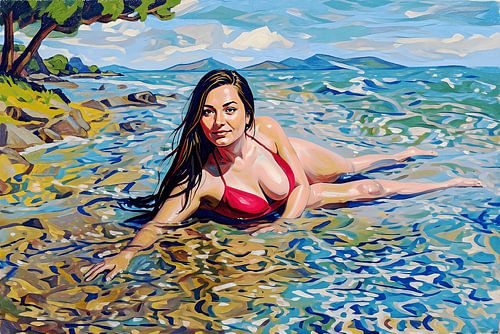 'Temptation in Paradise': A painting of a woman in a lagoon with shallow, clear seawater by Dirk van der Ven
