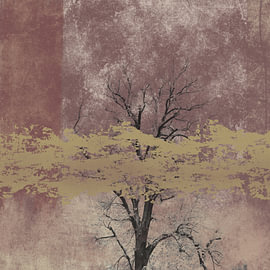 Modernes Kunstwerk mit Baum und Texturen in Gold- und Rottönen von Imaginative