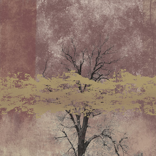 Modern artwork featuring a tree and textures in shades of gold and red