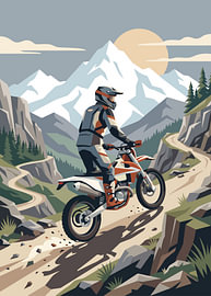 Motocross-Fahrer auf einem felsigen Bergpfad, schneebedeckte Gipfel, malerische Aussicht von Adam Khabibi