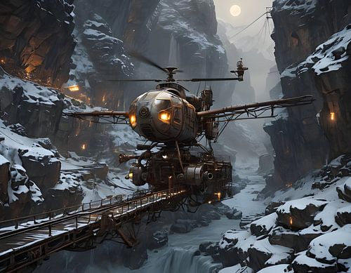 fantastische helikopter landt in een diep ravijn