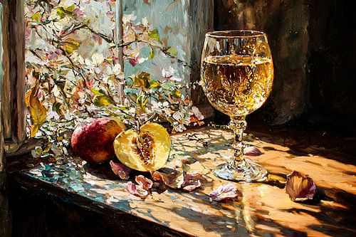 Stilleven met glas en fruit