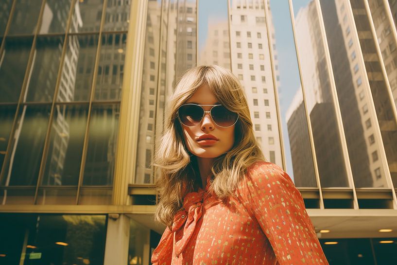 Modefrau aus den 1970er Jahren posiert vor einem belebten Hotel in der Innenstadt, Foto im Retro-Vintage-Stil von Animaflora PicsStock