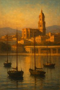 Málaga Hafen Gelassenheit - Kathedrale Reflexionen bei Sonnenuntergang