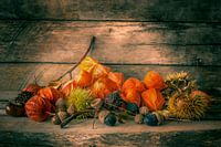 Herfstcompositie met lampionnetjes en kastanjes
