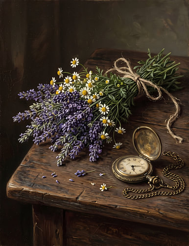 Antike Uhr „Lavendel & “ – Vintage-Botanikkunst