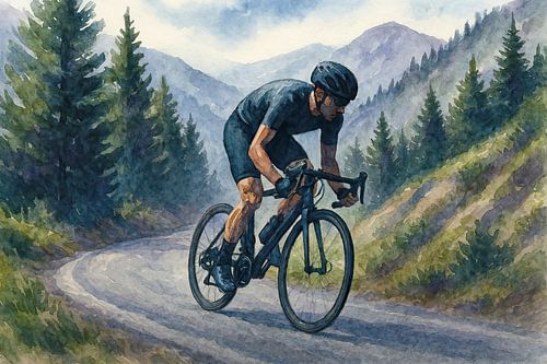 Tegen de berg op (wielrennen klimmen alleen natuur stilte man racefiets stoer fietsen bergen)
