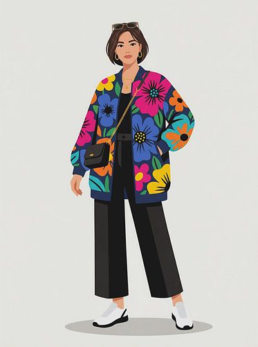 Modieuze vrouw in een opvallende bloemenoutfit