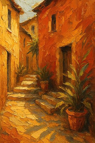 Mediterrane straat in warme tinten (Toscane, terracotta, zonnig, steegje, vakantiegevoel, smal, trap, planten, dikke verf, schilderij)