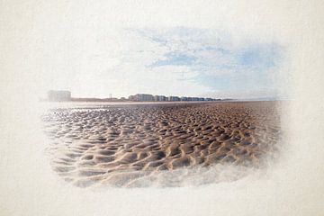 Vast Zandstrand Met Stedelijke Skyline Onder een heldere Blauwe Lucht in waterverf