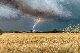Der Moment vor dem Sturm | Impressionistische Landschaft | Dunkelblaues Gold von Atelier Tijdloos