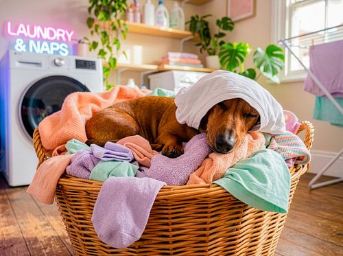 Un teckel se repose dans un panier à linge