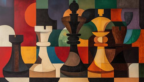 Abstracte schaakstukken kubisme kleurrijk panorama