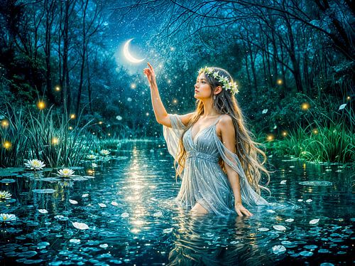 Het sterrenbeeld Maagd met een door het maanlicht verlichte maagd die een stralende halve maan vasthoudt