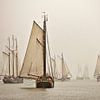 Panorama of boats of the Brown Fleet in the fog by Frans Lemmens