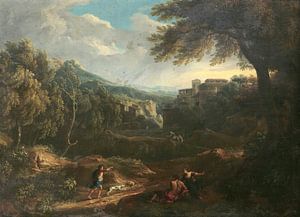 Landschap met dorpsgezicht en boerentafereel, Jan Franz van Bloeme