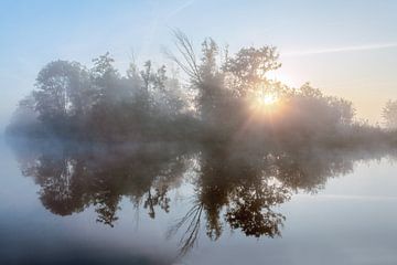 Sonnenaufgang im Nebel durch die Bäume mit Wasserreflexion von R Smallenbroek