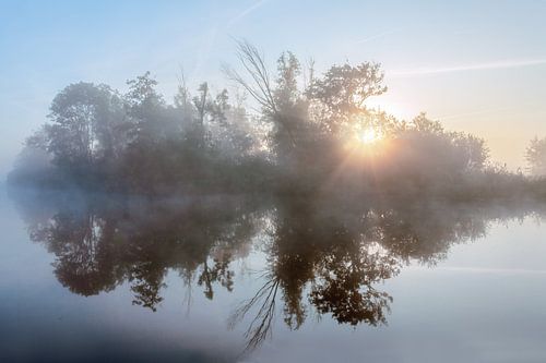 Sunrise in the mist through the trees with a water reflection