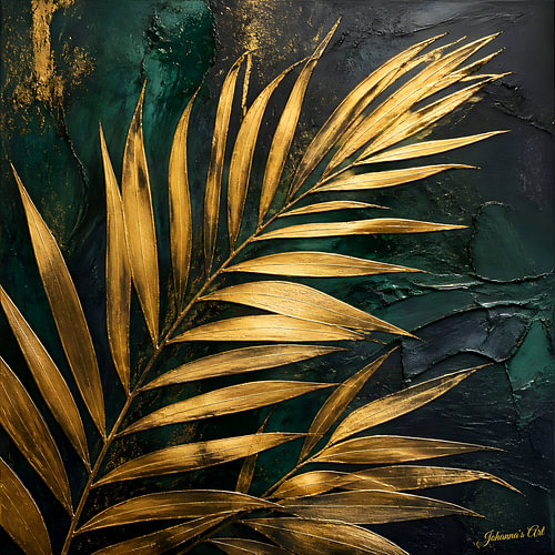 Grüne goldene Horizonte – Palmblätter 3 von Johannas Art Creations