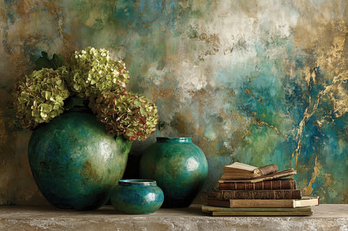 Turquoise Vases – Elegant Still Life with Gold