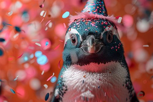 Grappige pinguïn met verjaardagshoed