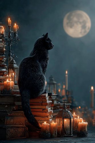 Un chat noir à la lueur des bougies et au clair de lune