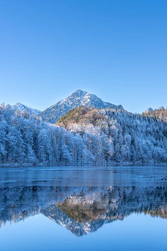 Frosty Mountains mirroring in the Alatsee in Bavaria Allgaeu Germany with great sunny Winter Vibes