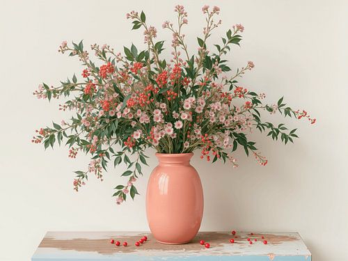 Charmantes Frühlingsstillleben: Frische Blumen in rosa Vase