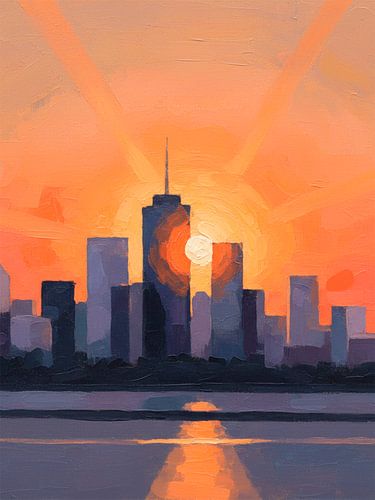 Zonsondergang over de stad een moderne stedelijke Skyline kunst