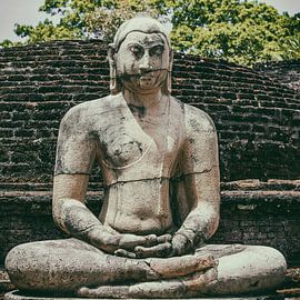 Over life-size vintage stone Buddha statue in meditation by Patricia Hofmeester